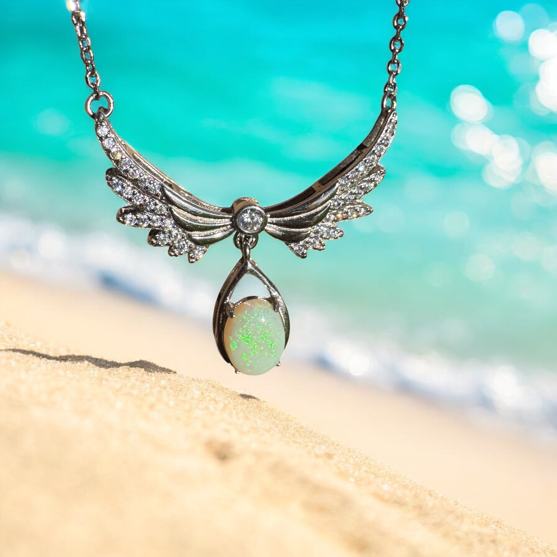 Angels Nature Radiance ~ 1.3ct Solid Coober Pedy Opal and Cubic Zirconia 925 Sterling Silver Necklace