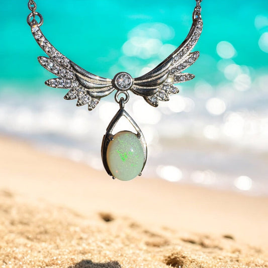 Angels Nature Radiance ~ 1.3ct Solid Coober Pedy Opal and Cubic Zirconia 925 Sterling Silver Necklace