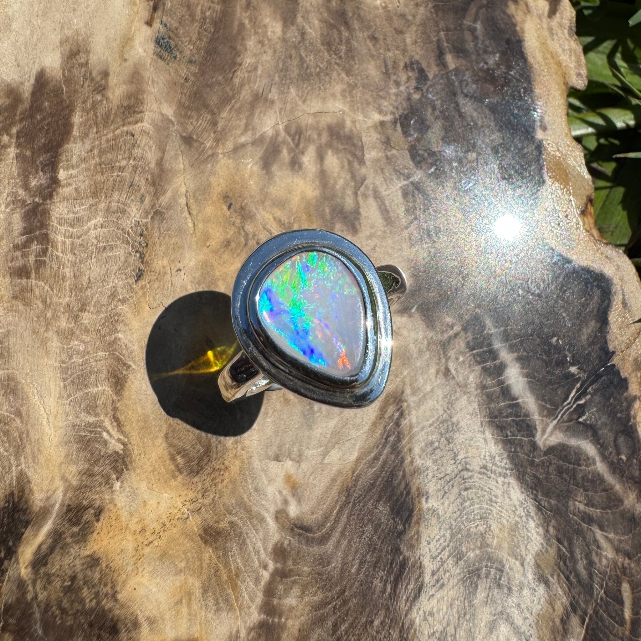 Aurora Fire ~ 1.7ct Coober Pedy Solid Light Opal Ring – Sterling Silver Flow