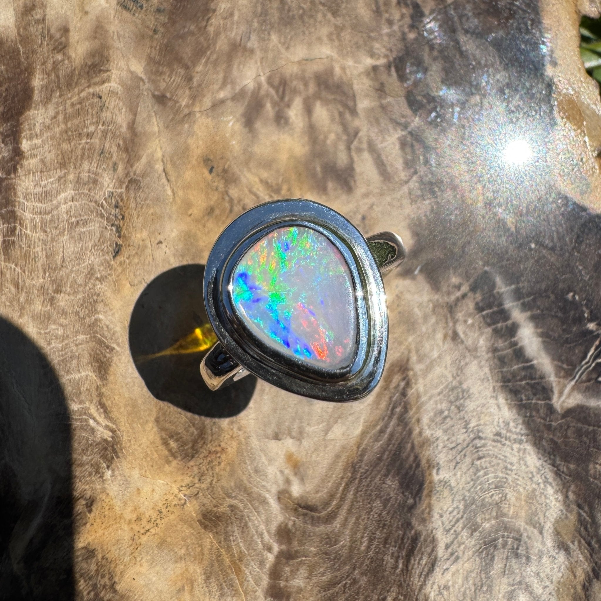 Aurora Fire ~ 1.7ct Coober Pedy Solid Light Opal Ring – Sterling Silver Flow