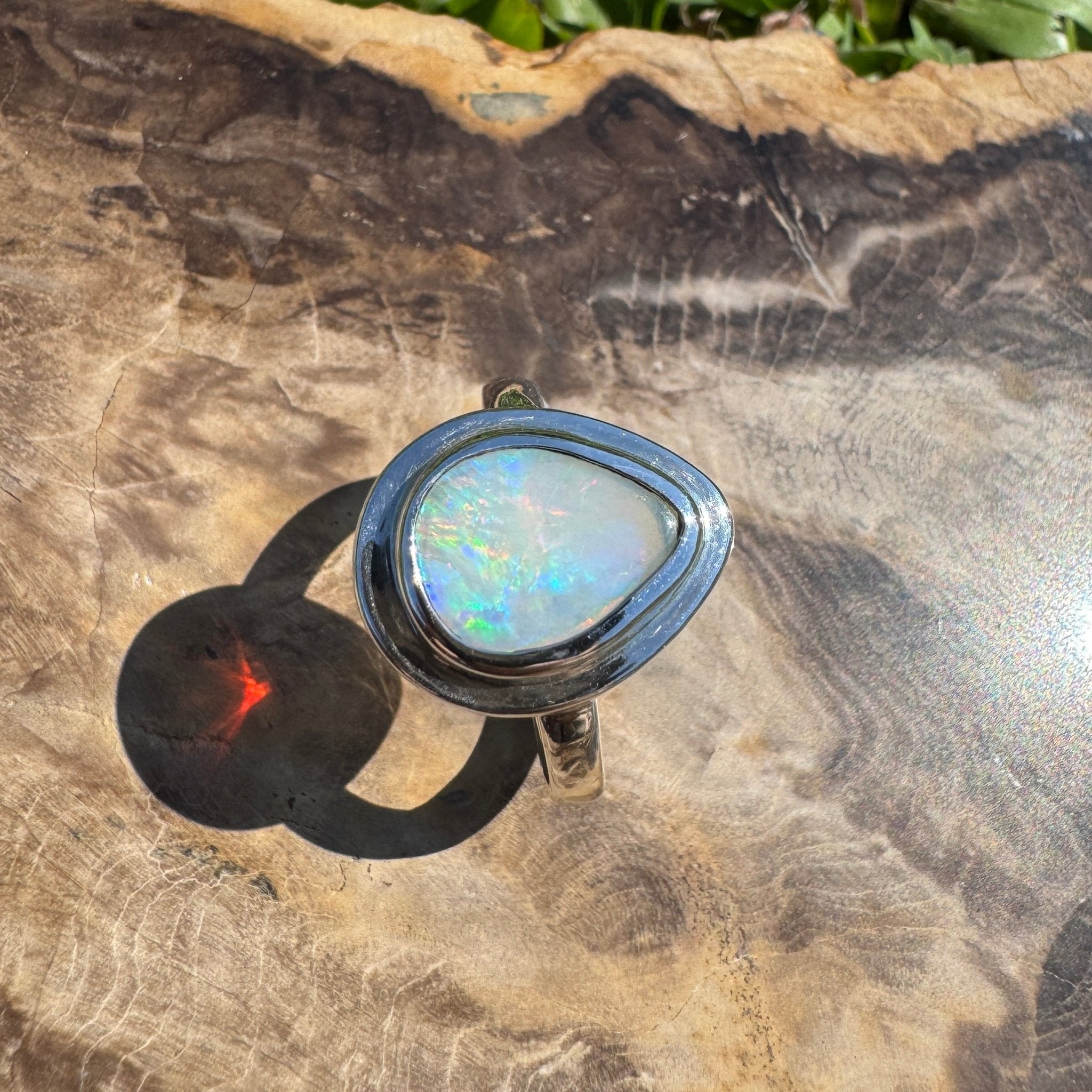 Aurora Fire ~ 1.7ct Coober Pedy Solid Light Opal Ring – Sterling Silver Flow