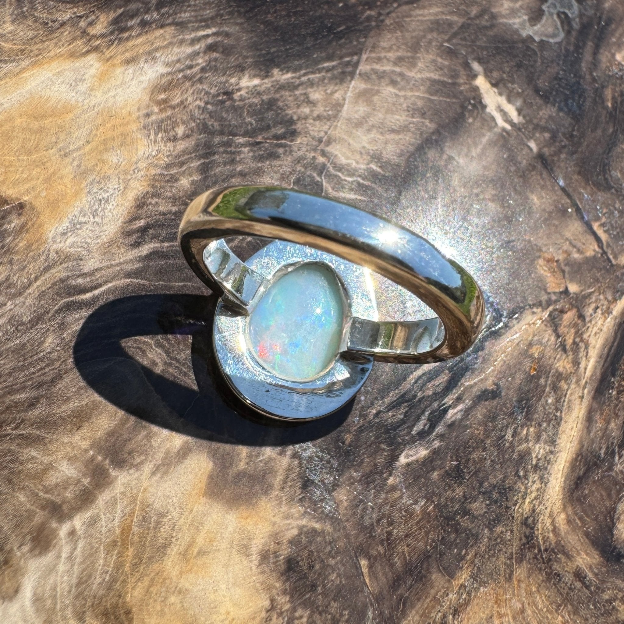 Aurora Fire ~ 1.7ct Coober Pedy Solid Light Opal Ring – Sterling Silver Flow