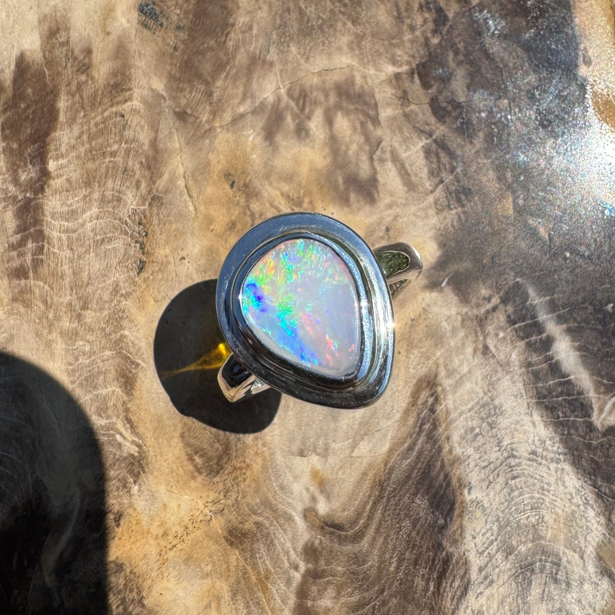 Aurora Fire ~ 1.7ct Coober Pedy Solid Light Opal Ring – Sterling Silver Flow