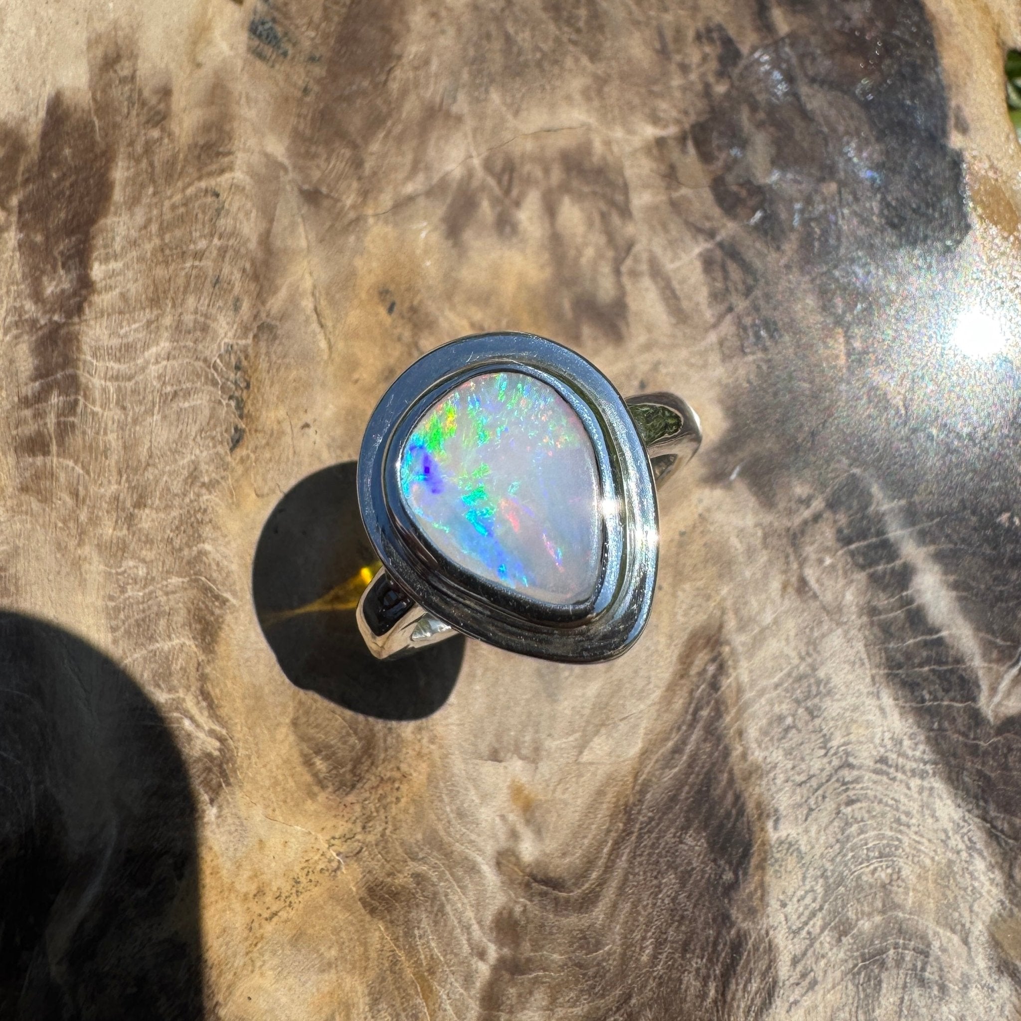 Aurora Fire ~ 1.7ct Coober Pedy Solid Light Opal Ring – Sterling Silver Flow