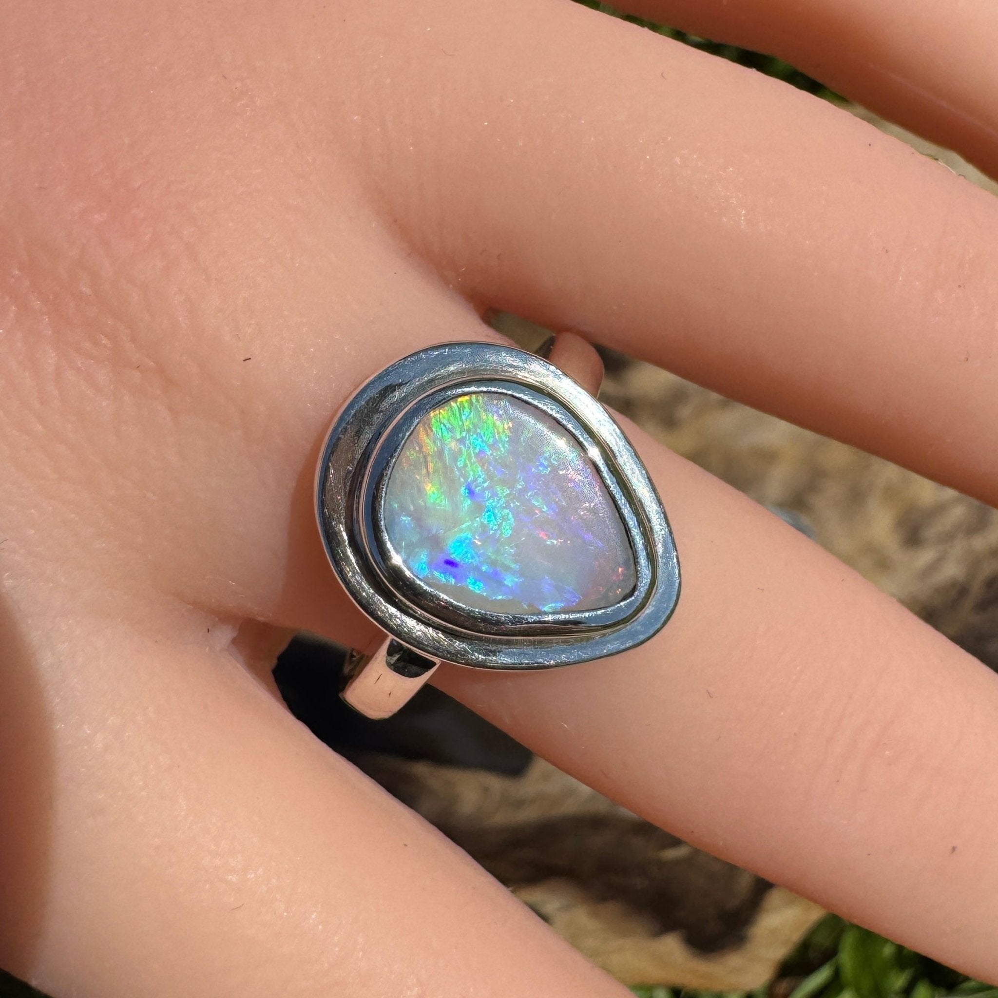 Aurora Fire ~ 1.7ct Coober Pedy Solid Light Opal Ring – Sterling Silver Flow
