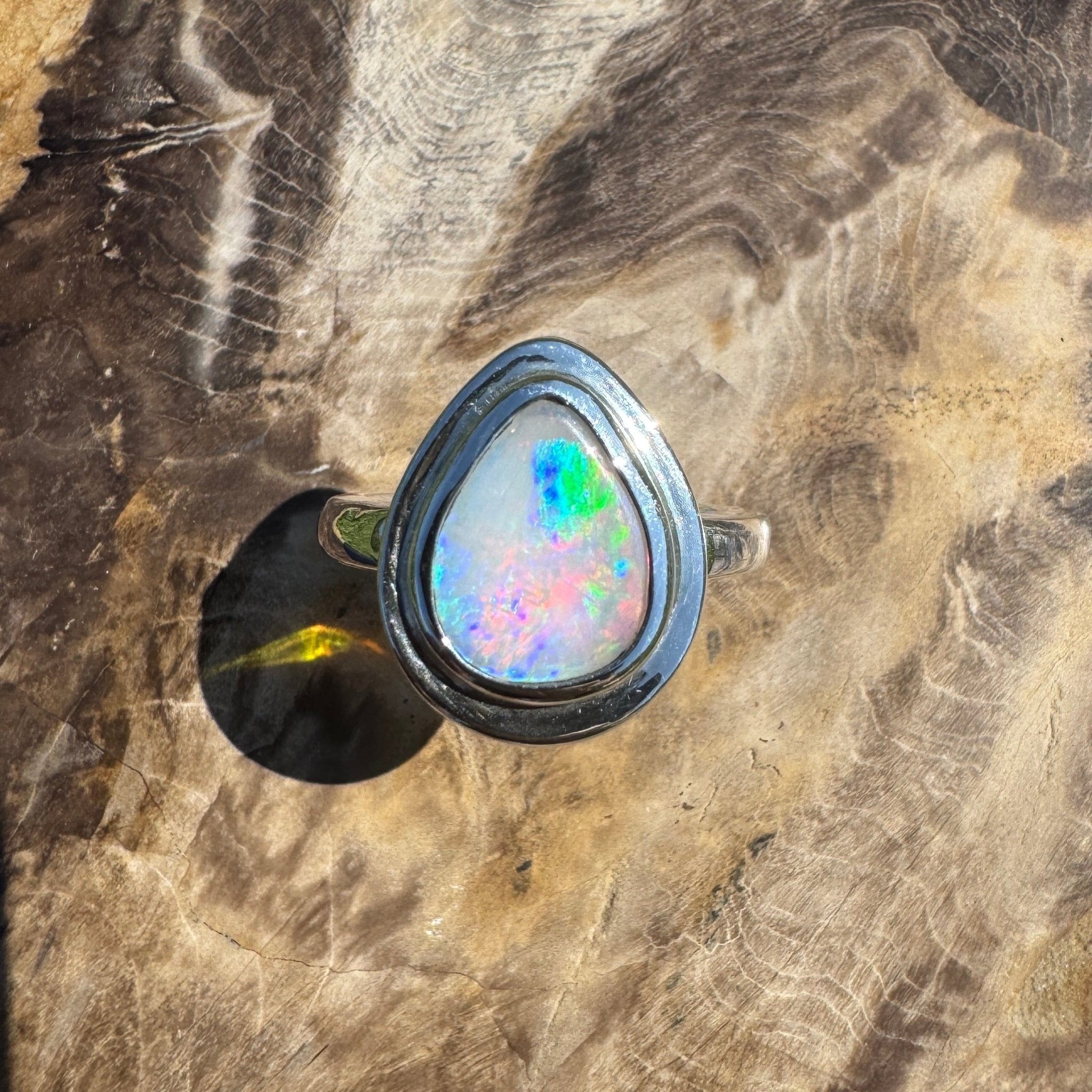Aurora Fire ~ 1.7ct Coober Pedy Solid Light Opal Ring – Sterling Silver Flow