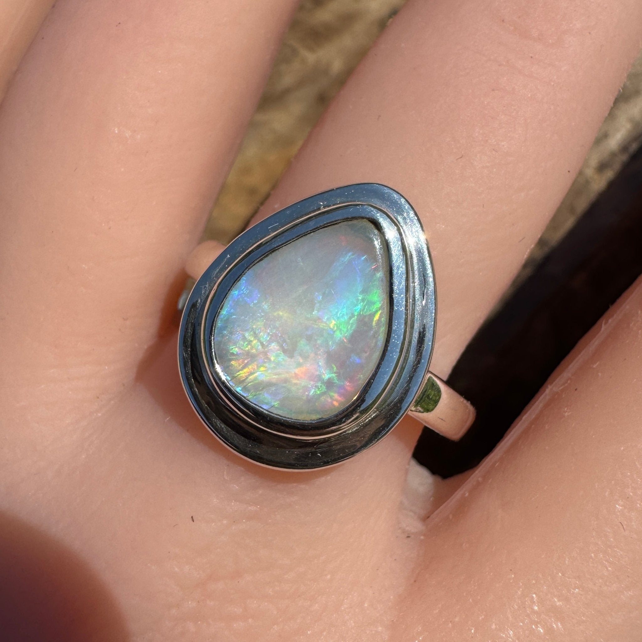 Aurora Fire ~ 1.7ct Coober Pedy Solid Light Opal Ring – Sterling Silver Flow