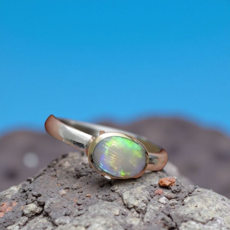 Aurora Gleam - 2.1ct Solid Lightning Ridge Opal Two - Tone 10k Gold & 925 Sterling Silver Ring.