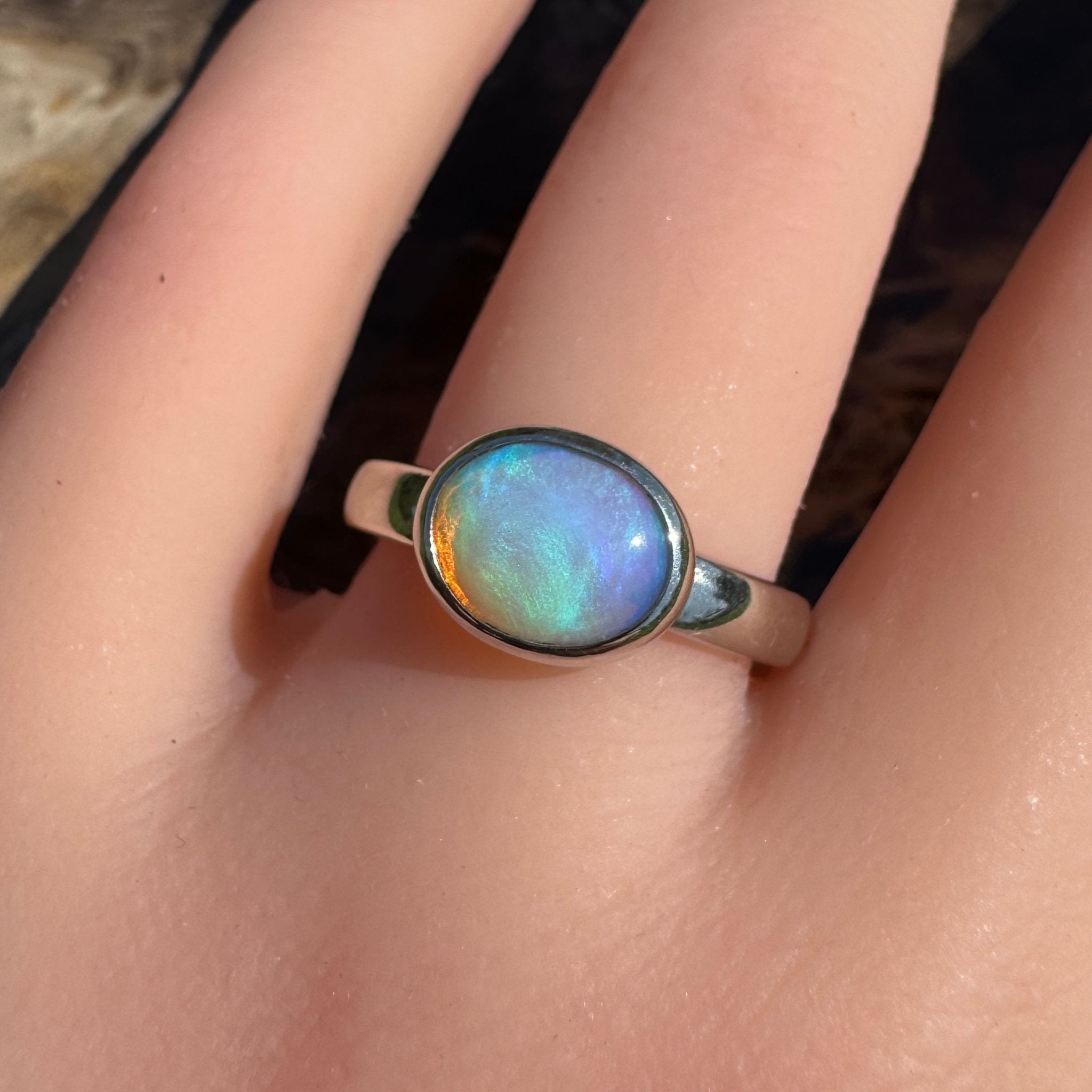 Aurora Glow ~ Lightning Ridge 1.2ct Solid Crystal Opal Ring – Sterling Silver Radiance.