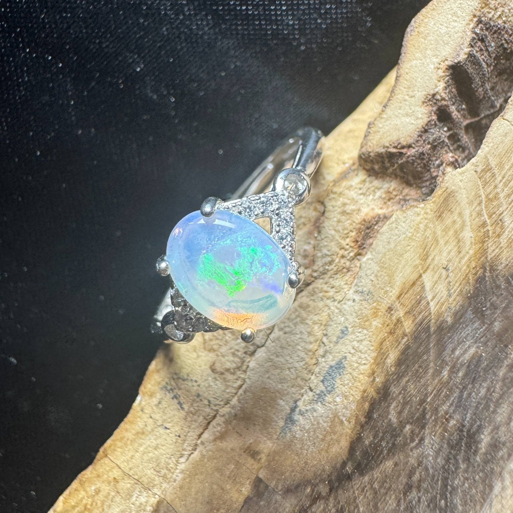 Barossa Valley Charm ~ 0.8ct Solid Lightning Ridge Opal and Cubic Zirconia 925 Silver Ring