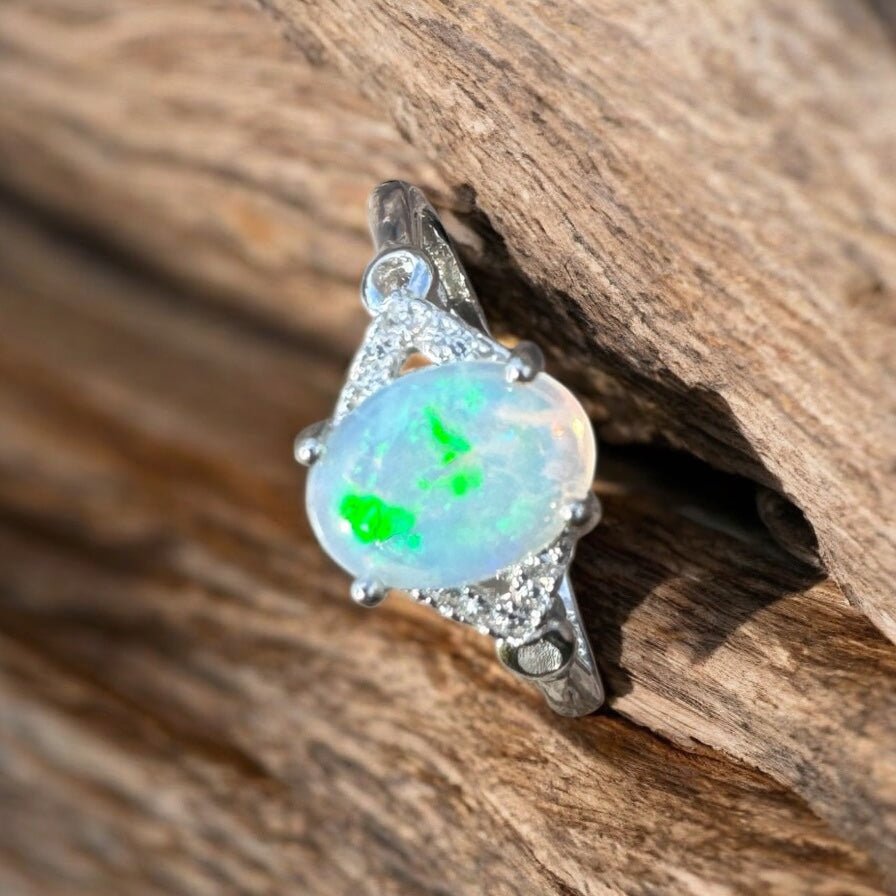 Barossa Valley Charm ~ 0.8ct Solid Lightning Ridge Opal and Cubic Zirconia 925 Silver Ring