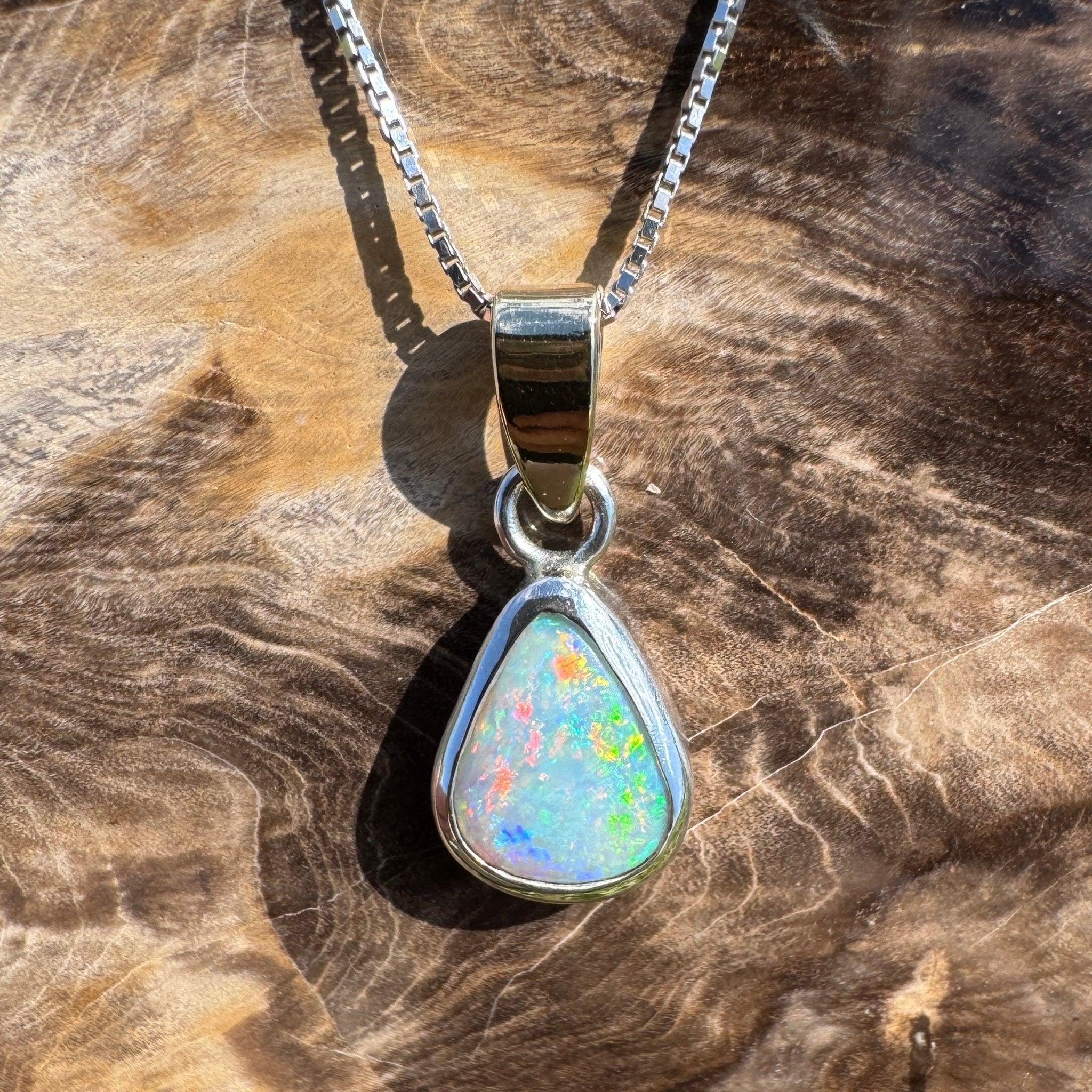 Barwon Gleam ~ 1.8ct Solid Lightning Ridge Opal Two - tone 10k Gold and 925 Sterling Silver Pendant Necklace