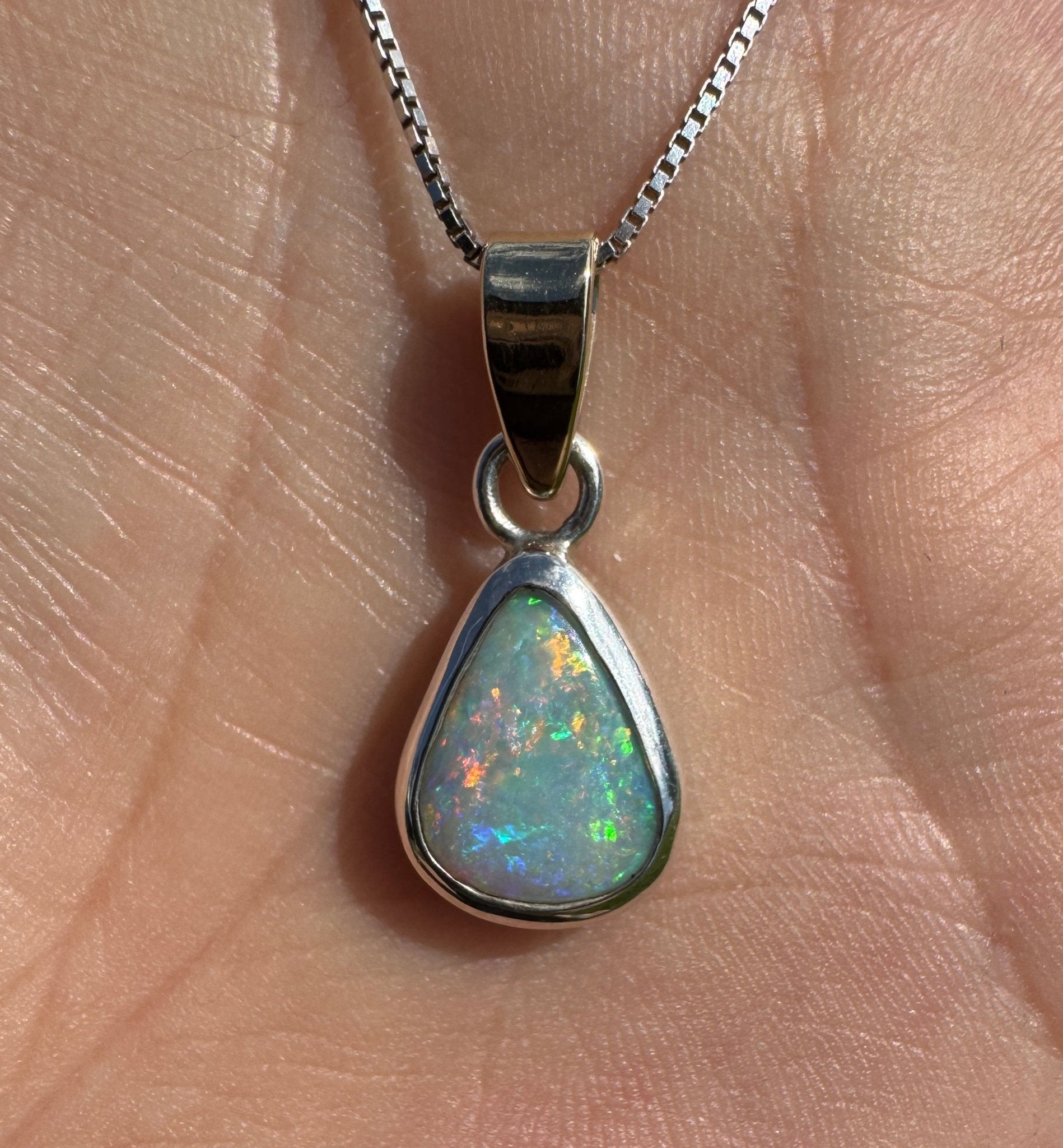 Barwon Gleam ~ 1.8ct Solid Lightning Ridge Opal Two - tone 10k Gold and 925 Sterling Silver Pendant Necklace