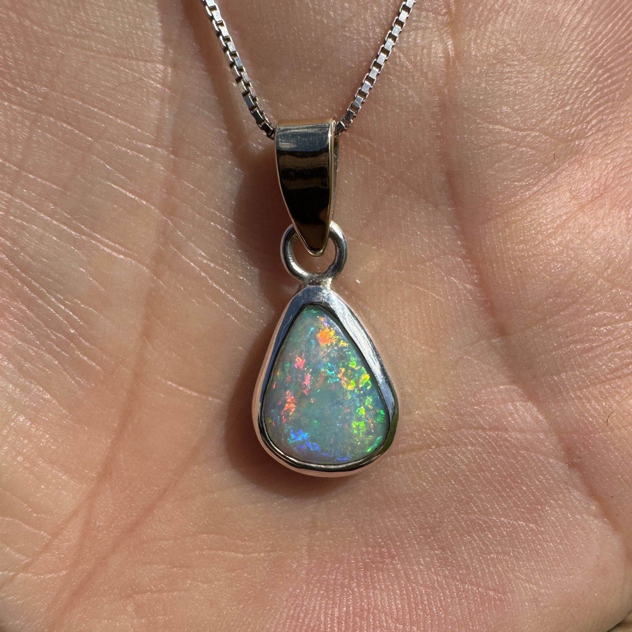 Barwon Gleam ~ 1.8ct Solid Lightning Ridge Opal Two - tone 10k Gold and 925 Sterling Silver Pendant Necklace