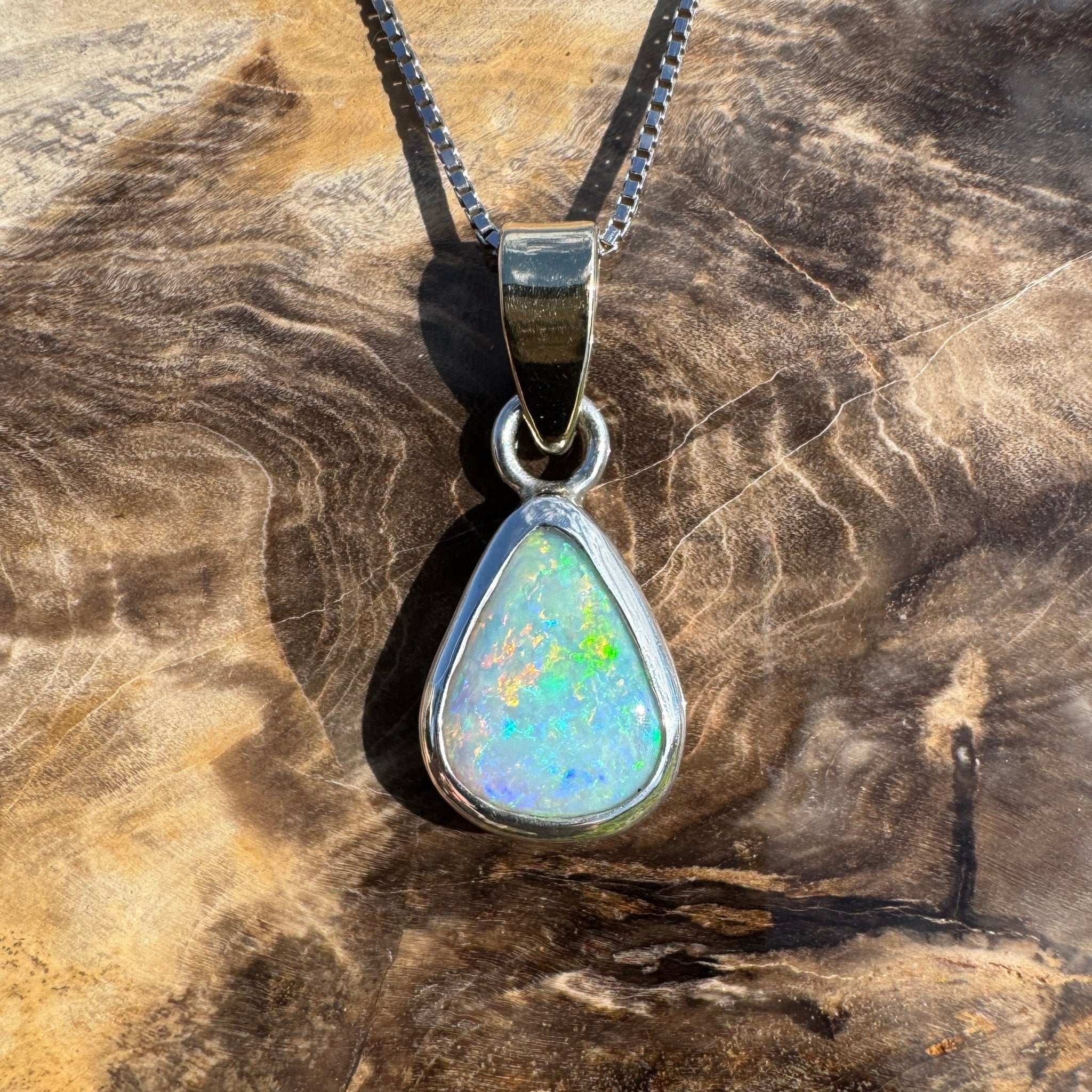 Barwon Gleam ~ 1.8ct Solid Lightning Ridge Opal Two - tone 10k Gold and 925 Sterling Silver Pendant Necklace