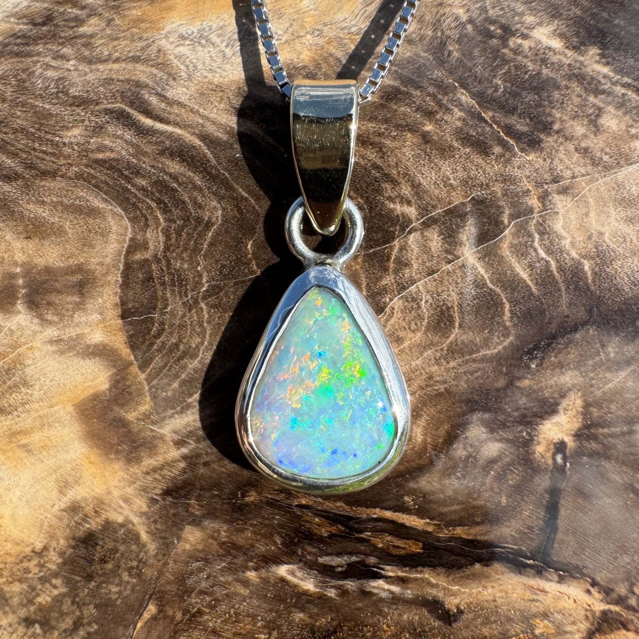 Barwon Gleam ~ 1.8ct Solid Lightning Ridge Opal Two - tone 10k Gold and 925 Sterling Silver Pendant Necklace