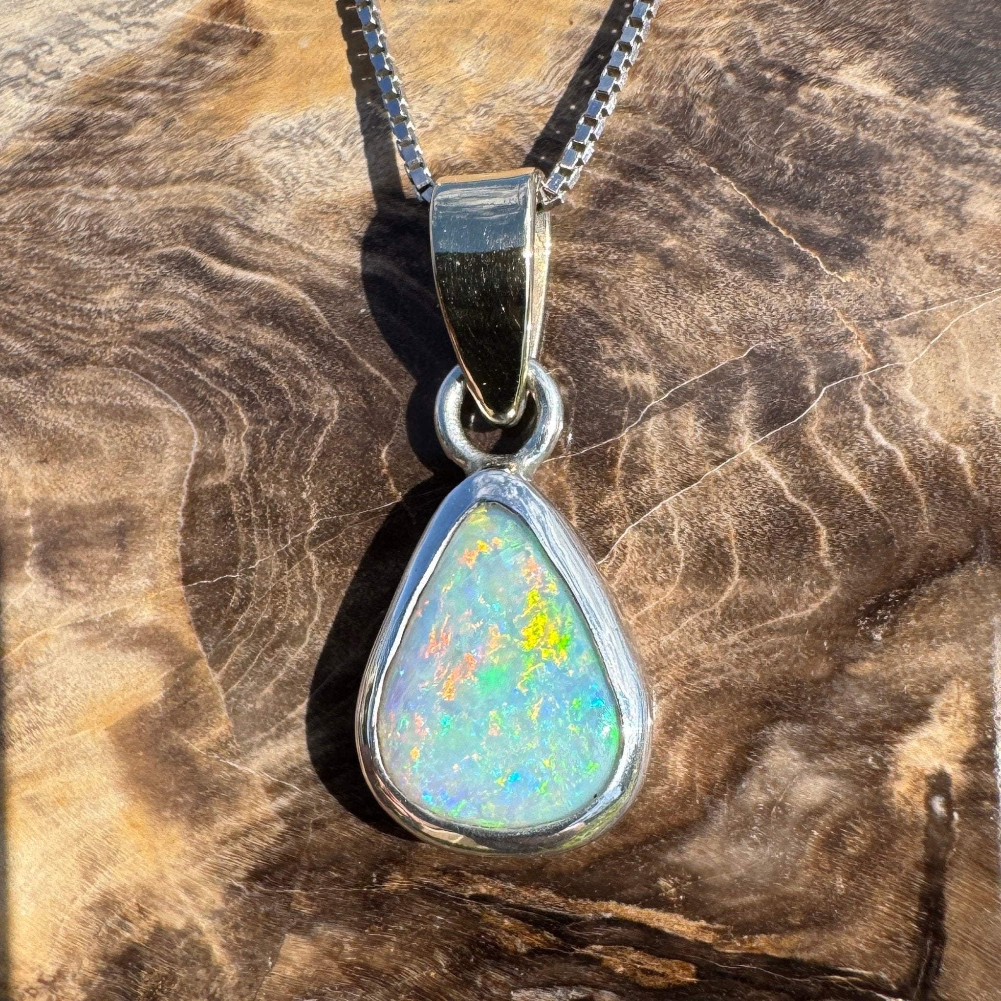Barwon Gleam ~ 1.8ct Solid Lightning Ridge Opal Two - tone 10k Gold and 925 Sterling Silver Pendant Necklace