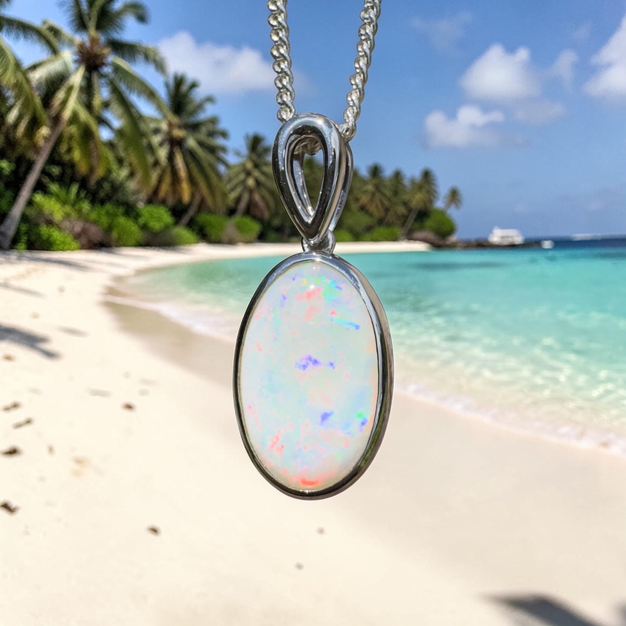 .925 Sterling Silver 1.8ct Created White Opal Solitaire Necklace & Stud Earring Set