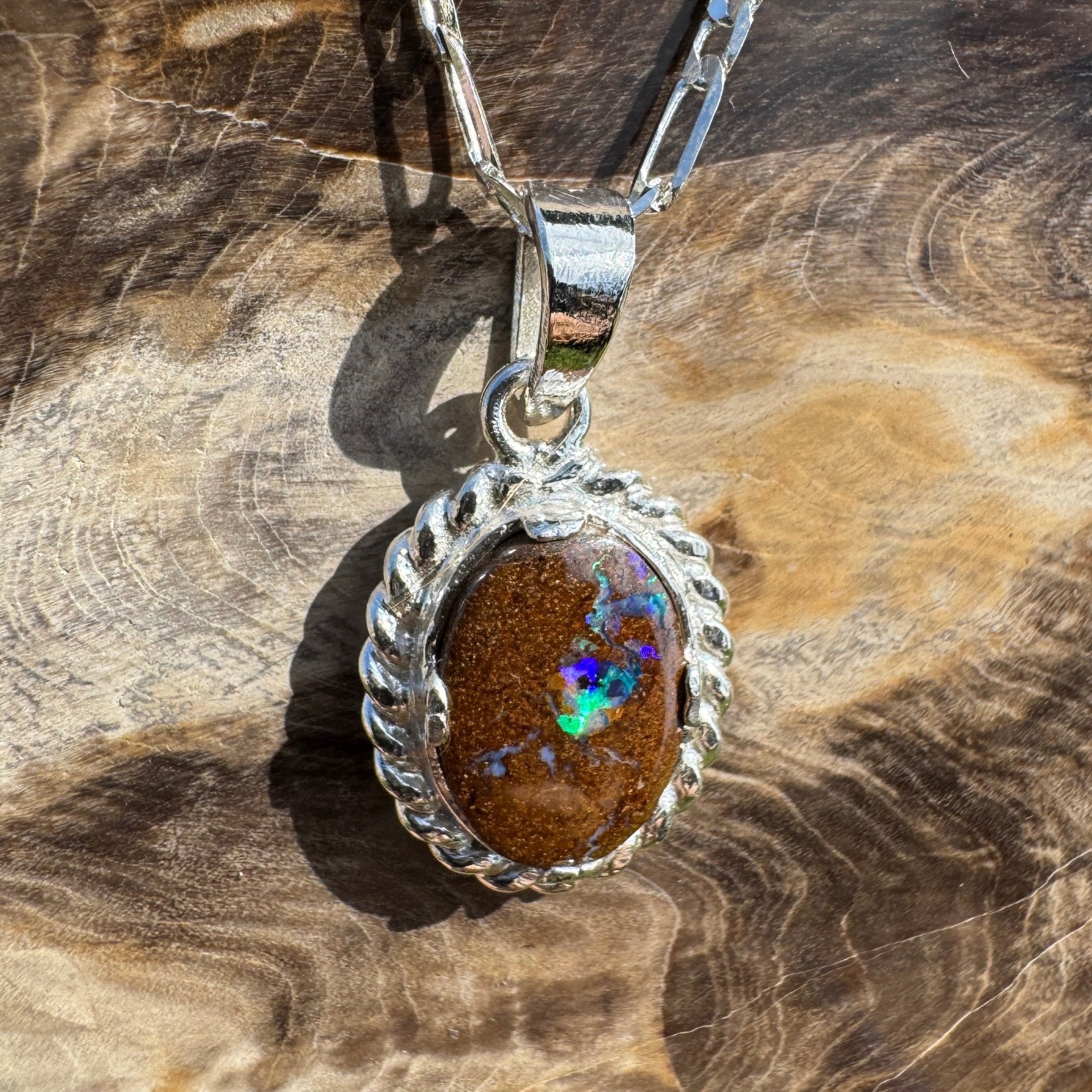 Blackall Stoneflow ~ Queensland Boulder Opal 925 Sterling Silver Pendant Necklace