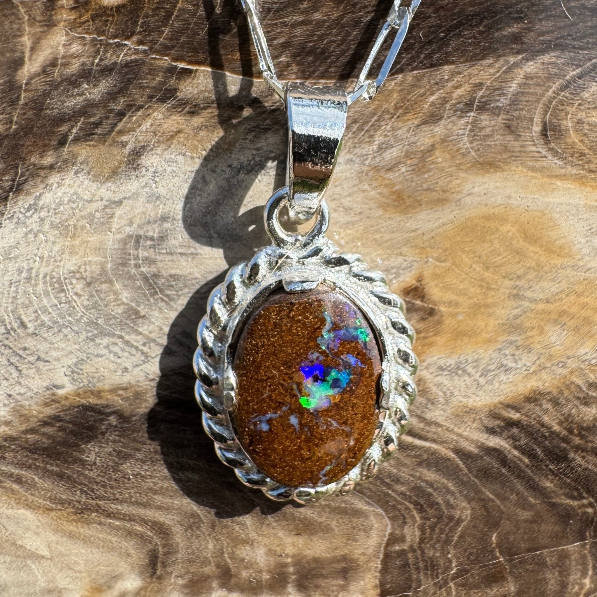 Blackall Stoneflow ~ Queensland Boulder Opal 925 Sterling Silver Pendant Necklace