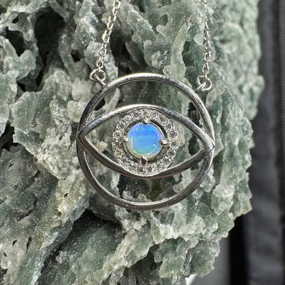 Silver evil eye pendant necklace featuring Lightning Ridge Opal Eye in a Sterling Silver setting