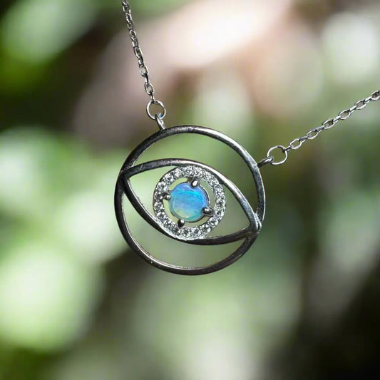 Silver eye-shaped pendant necklace featuring a 0.3ct Lightning Ridge Opal in Sterling Silver