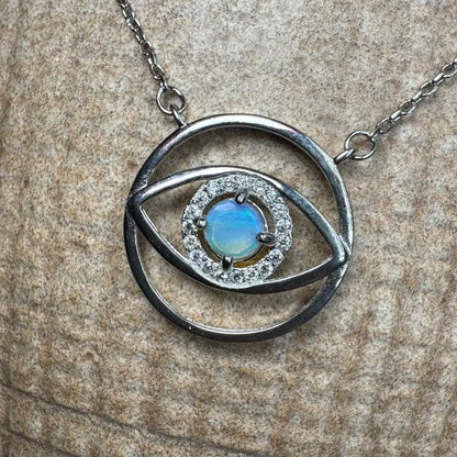 Silver eye pendant necklace featuring a 0.3ct Lightning Ridge Opal eye in Sterling Silver