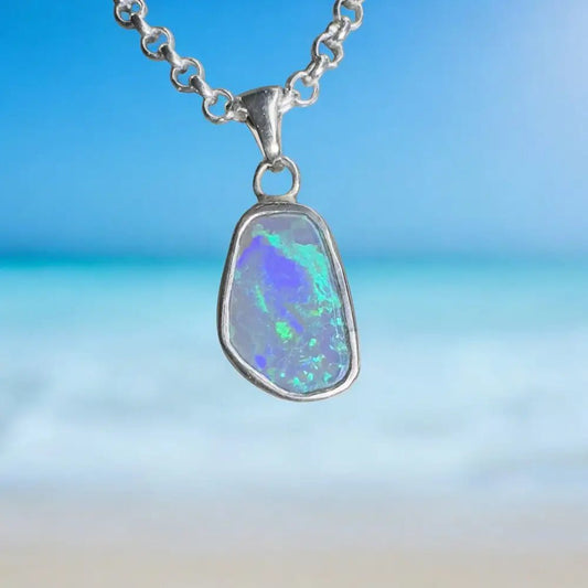 ‘Blue Lagoon' ~ Handcrafted 1.6ct Solid Lightning Ridge Opal 925 Sterling Silver Pendant Necklace
