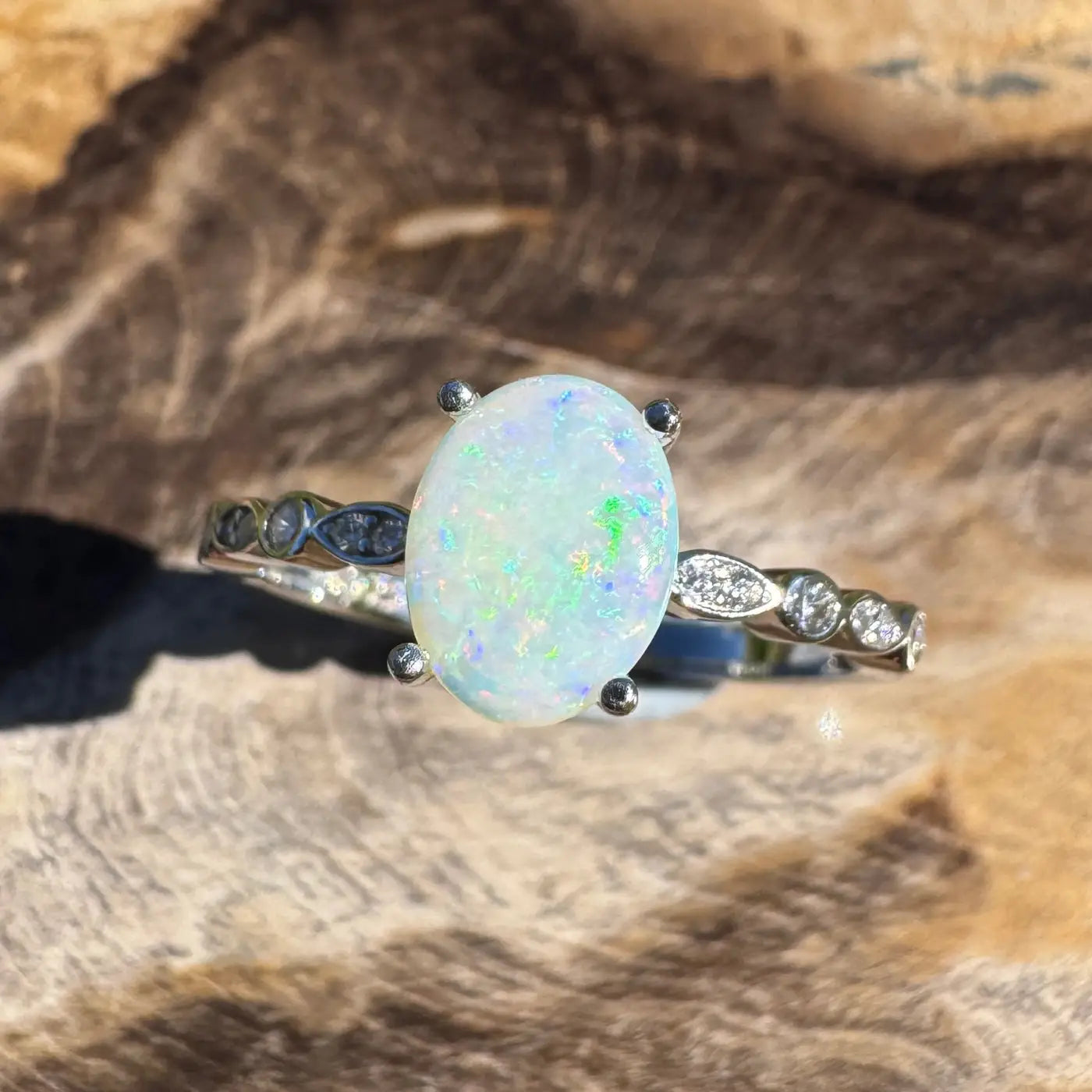 Elegant Blue Mountains Haze handcrafted 0.8ct Coober Pedy Crystal Opal ring in sterling silver