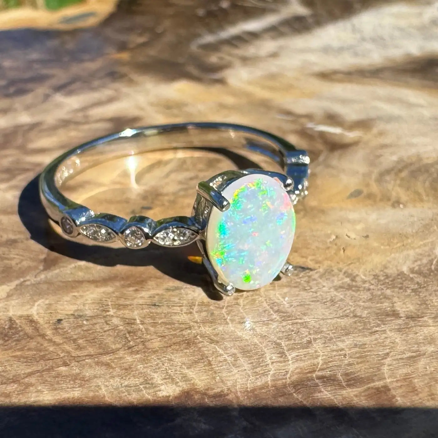 Silver ring with oval Coober Pedy crystal opal from Blue Mountains Haze collection