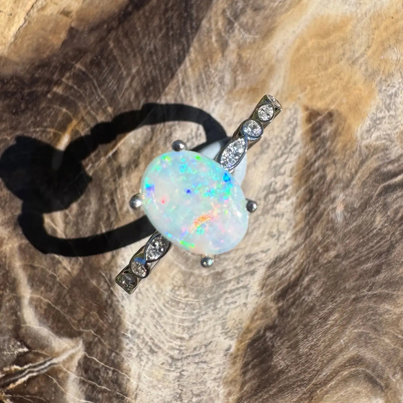 Blue Mountains Haze handcrafted 0.8ct Coober Pedy Opal ring with diamond accents in sterling silver