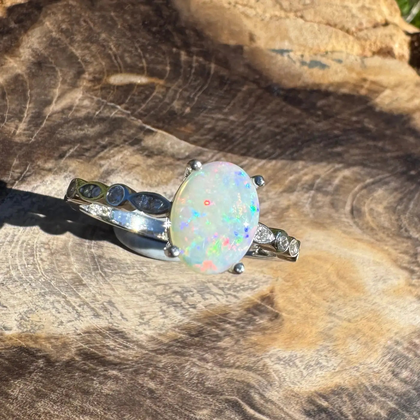 Elegant Blue Mountains Haze ring featuring a handcrafted 0.8ct Coober Pedy Crystal Opal in sterling silver