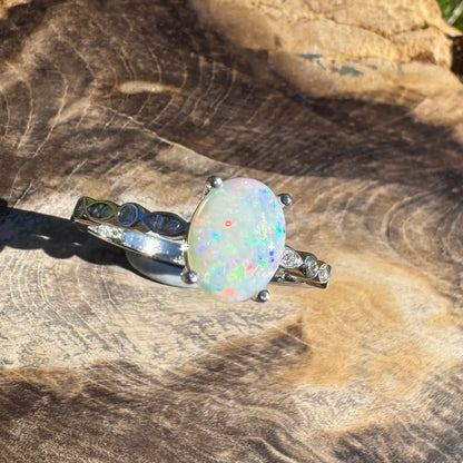 Elegant Blue Mountains Haze ring featuring a handcrafted 0.8ct Coober Pedy Crystal Opal in sterling silver