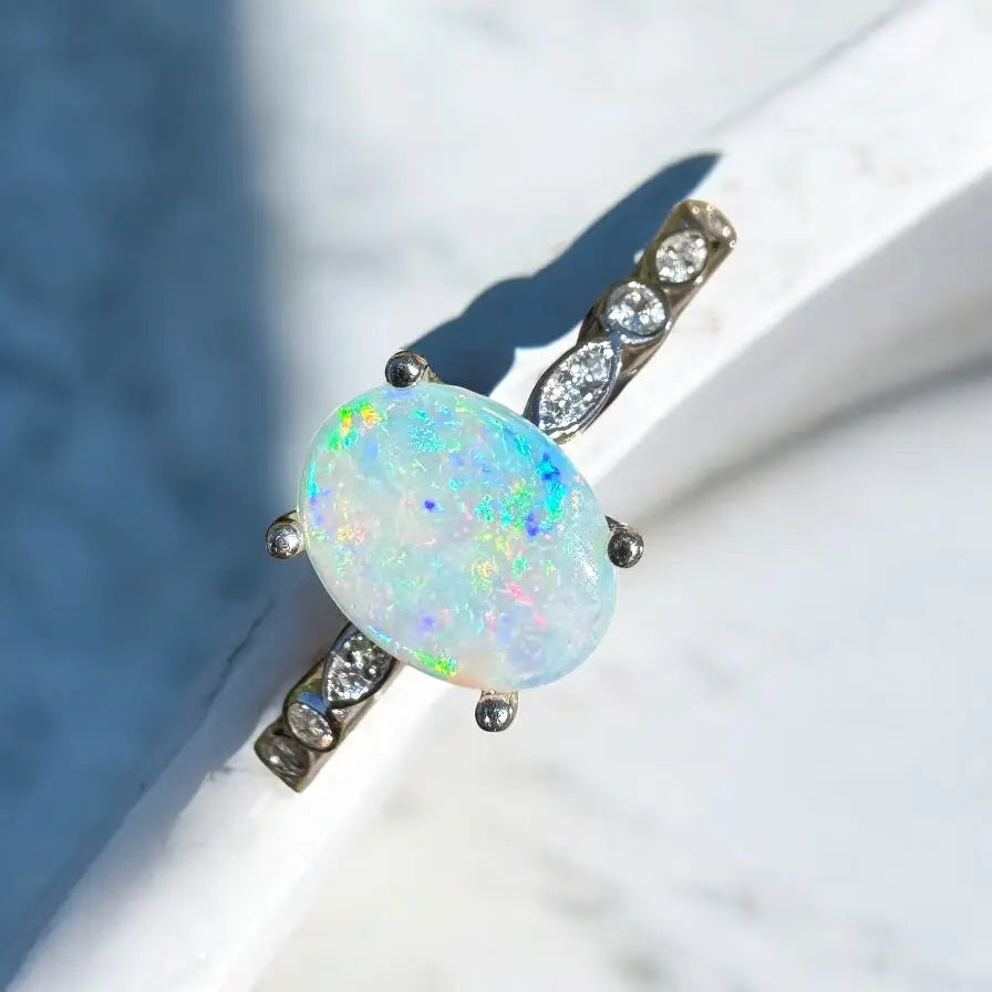 Blue Mountains Haze handcrafted opal ring with diamond accents in sterling silver