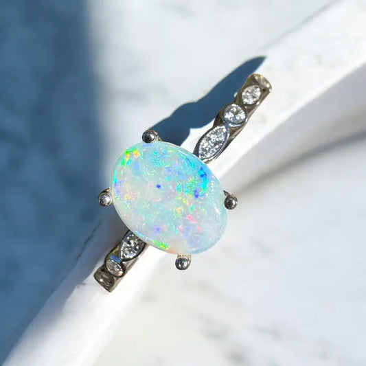 Blue Mountains Haze handcrafted opal ring with diamond accents in sterling silver