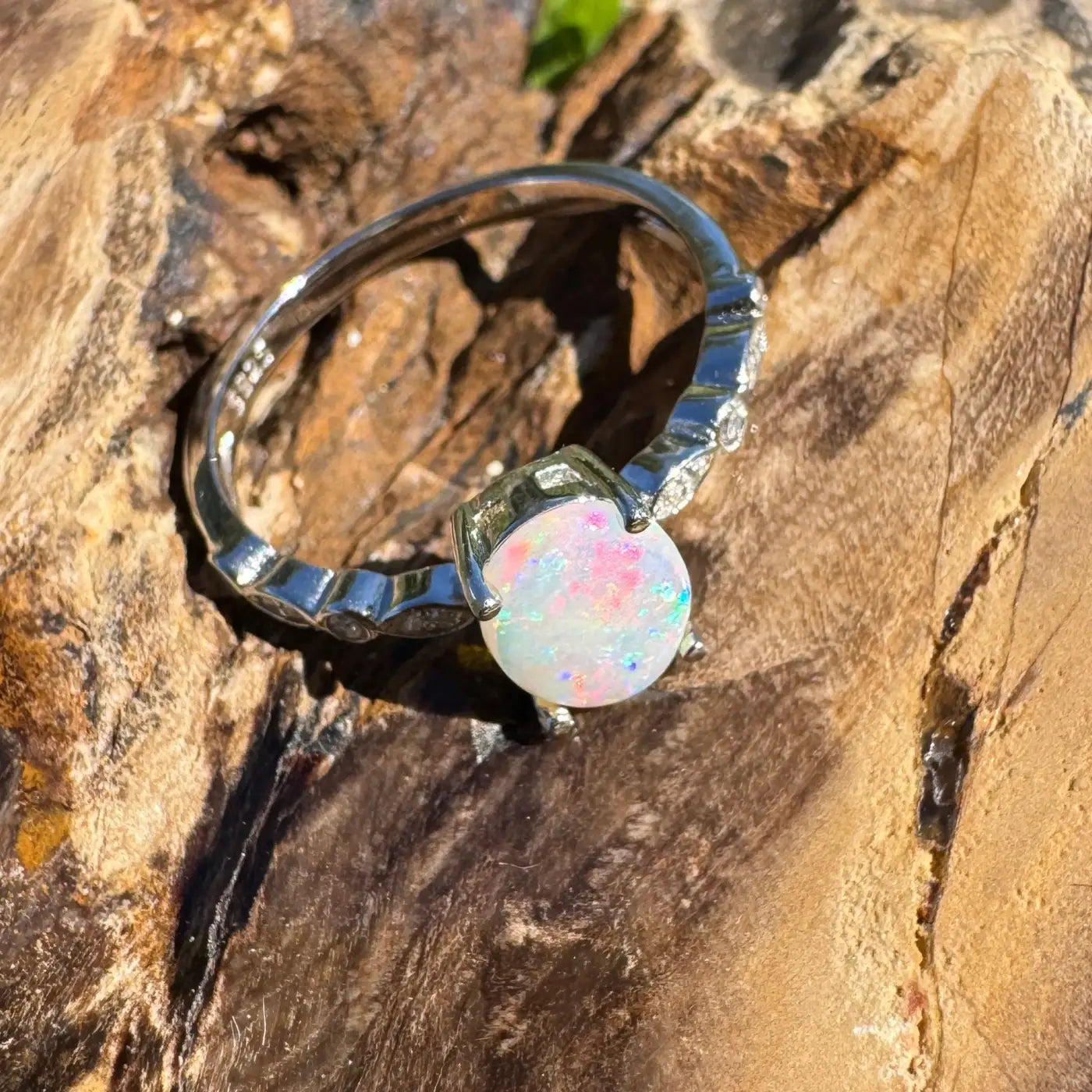 Silver ring with iridescent Coober Pedy opal from Blue Mountains Haze collection