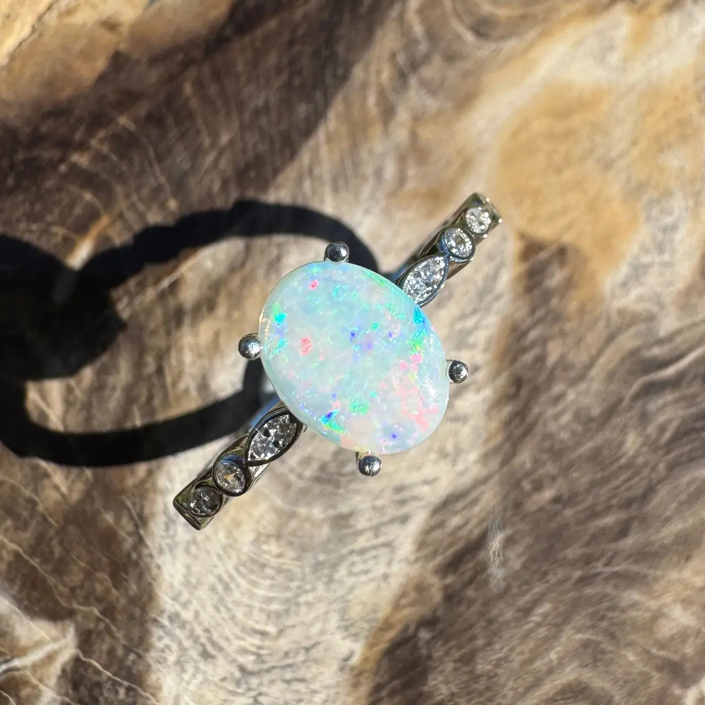 Blue Mountains Haze handcrafted 0.8ct Coober Pedy crystal opal sterling silver ring with diamond accents