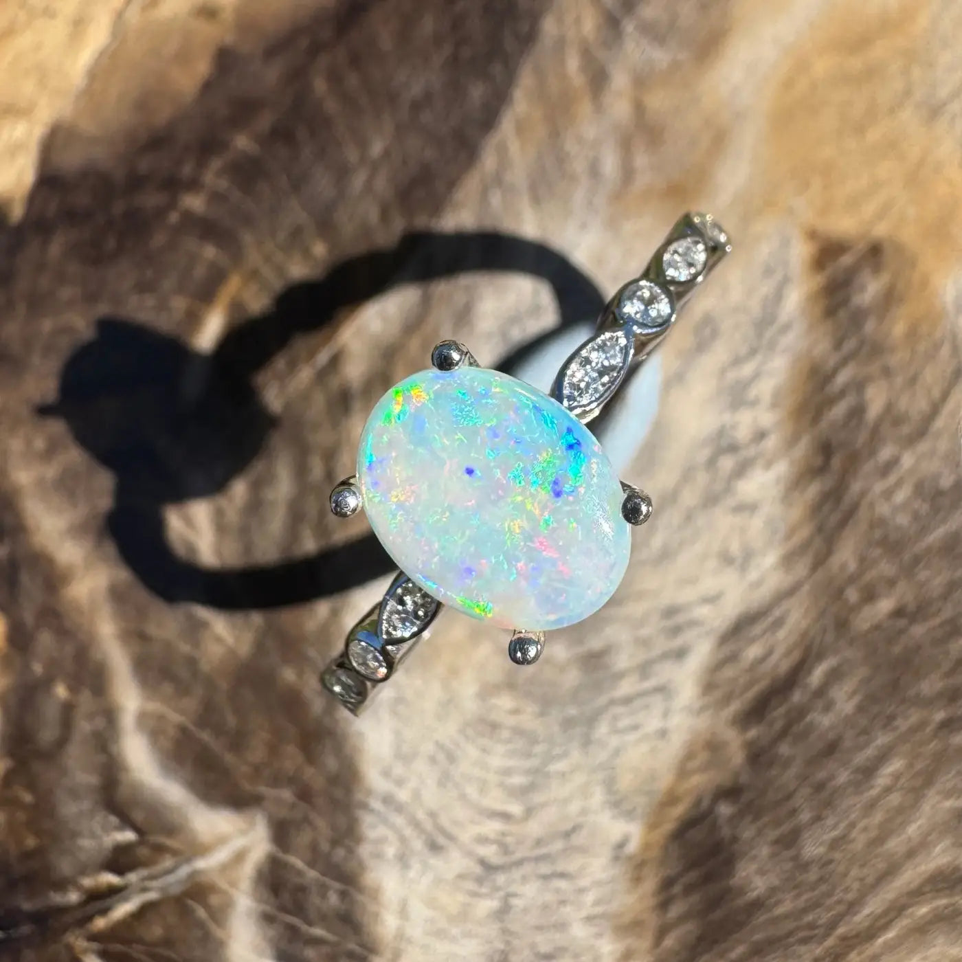 Opal ring with diamond accents from Blue Mountains Haze handcrafted Coober Pedy crystal opal brown silver jewelry