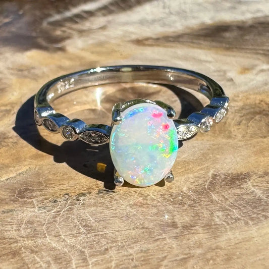 Silver ring with oval Blue Mountains Haze Coober Pedy crystal opal gemstone