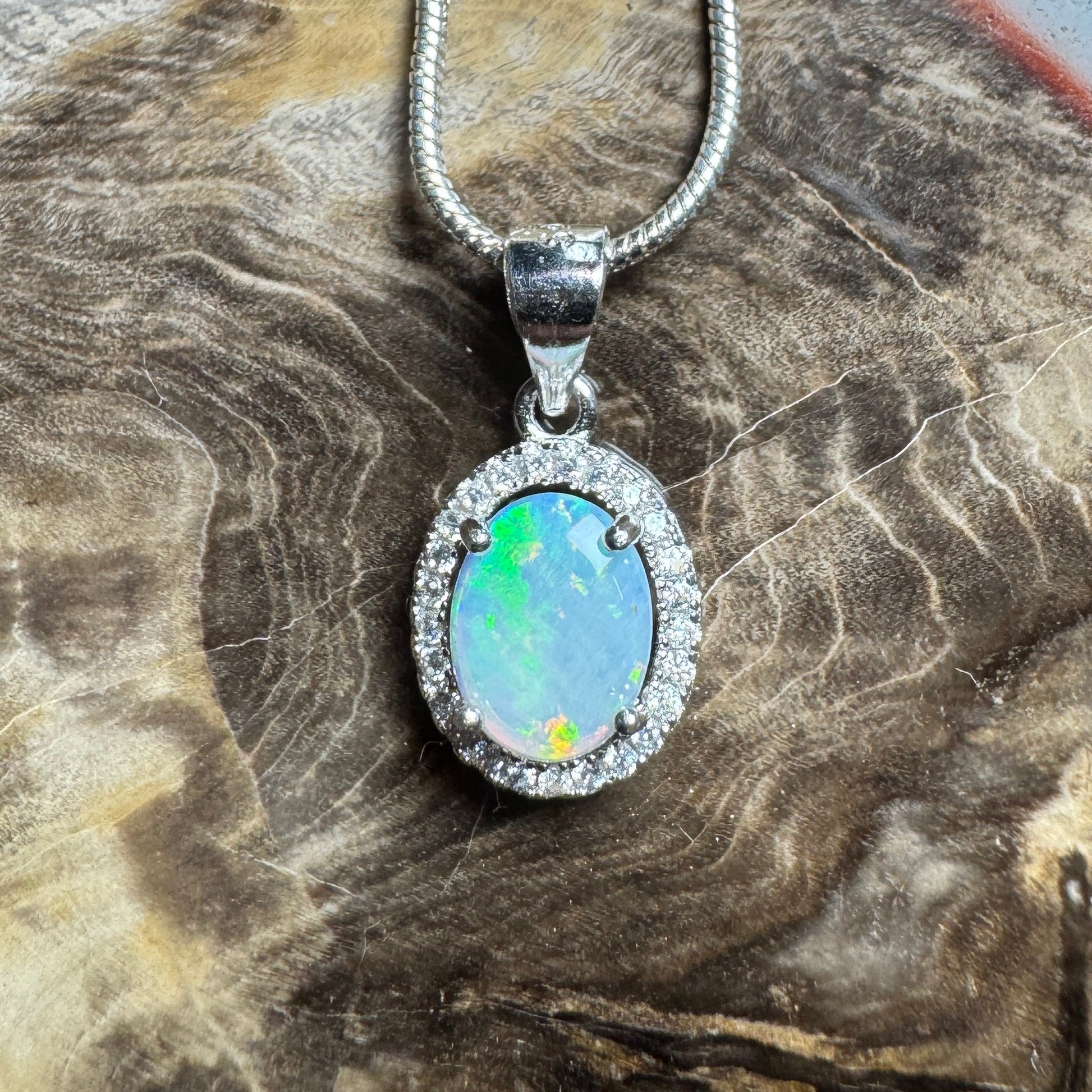 Blue Ridge Flame ~ 0.9ct Solid Lightning Ridge Opal and Cubic Zirconia 925 Sterling Silver Necklace