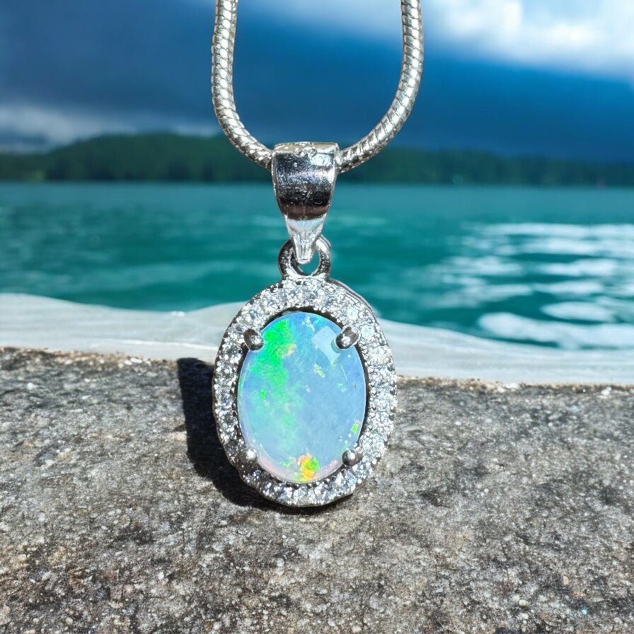 Blue Ridge Flame ~ 0.9ct Solid Lightning Ridge Opal and Cubic Zirconia 925 Sterling Silver Necklace