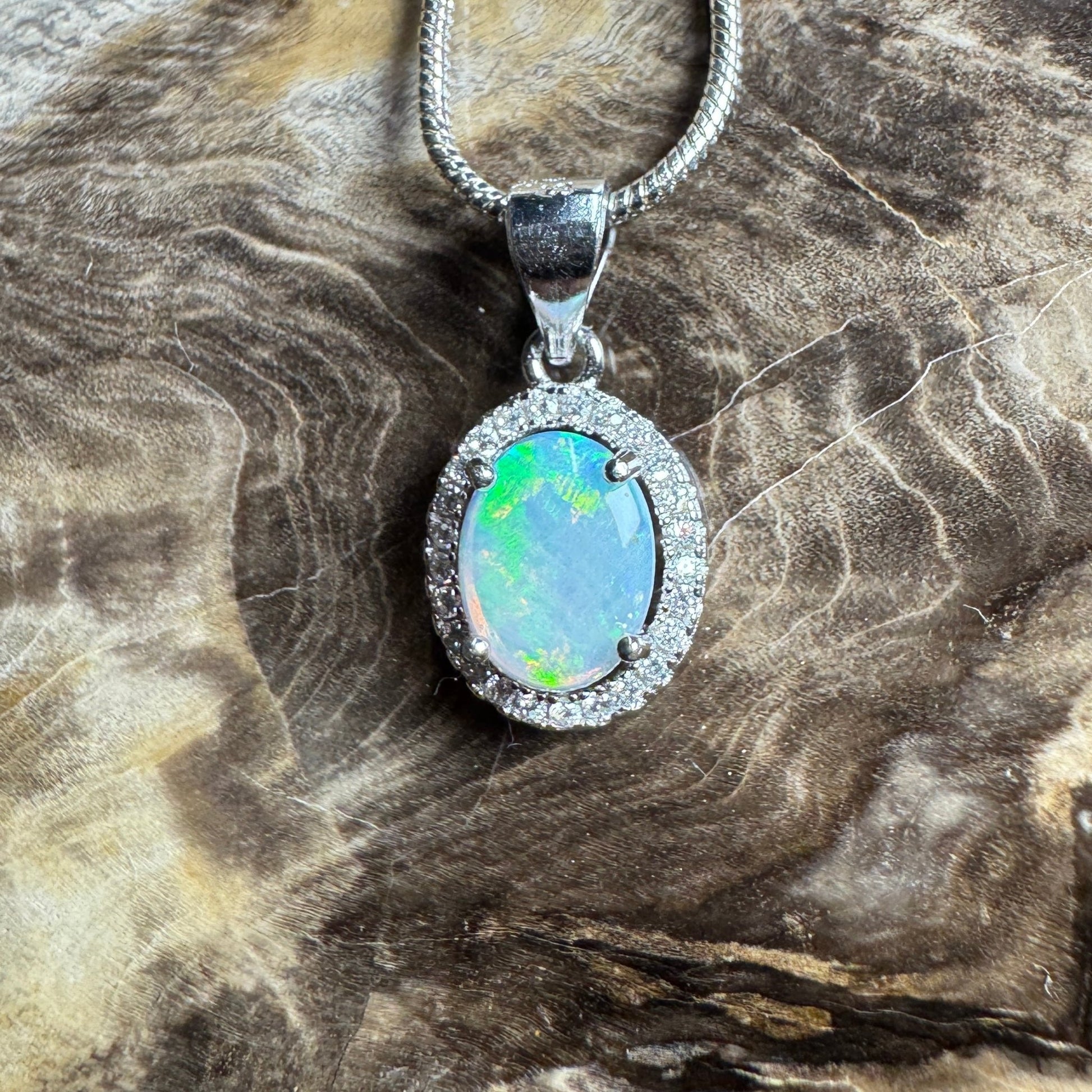 Blue Ridge Flame ~ 0.9ct Solid Lightning Ridge Opal and Cubic Zirconia 925 Sterling Silver Necklace