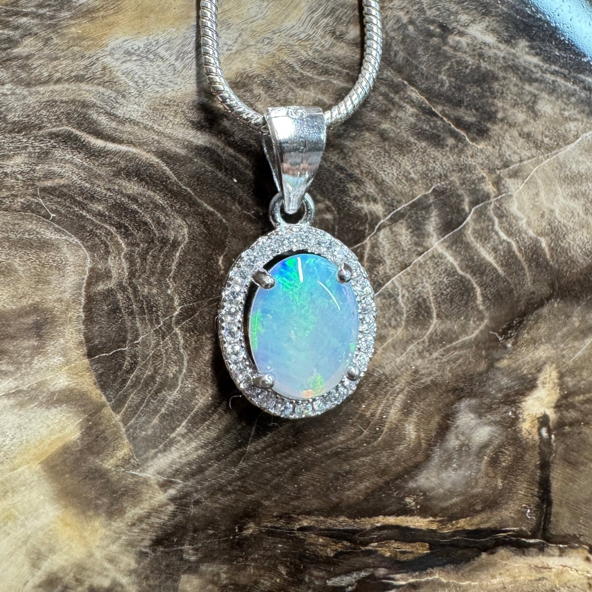 Blue Ridge Flame ~ 0.9ct Solid Lightning Ridge Opal and Cubic Zirconia 925 Sterling Silver Necklace