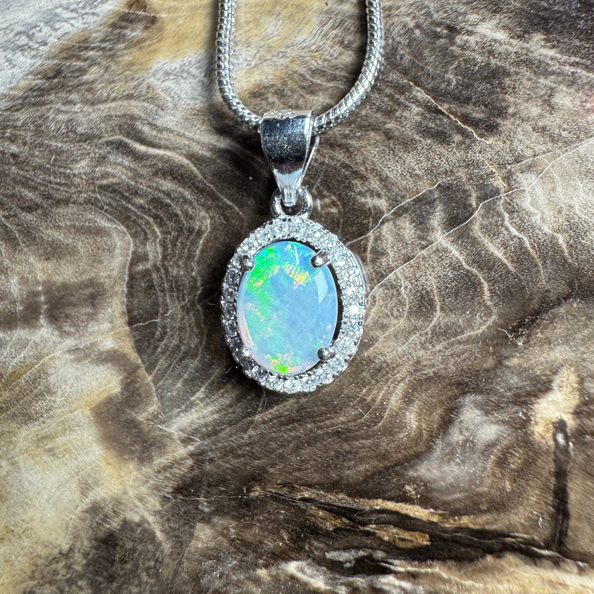 Blue Ridge Flame ~ 0.9ct Solid Lightning Ridge Opal and Cubic Zirconia 925 Sterling Silver Necklace