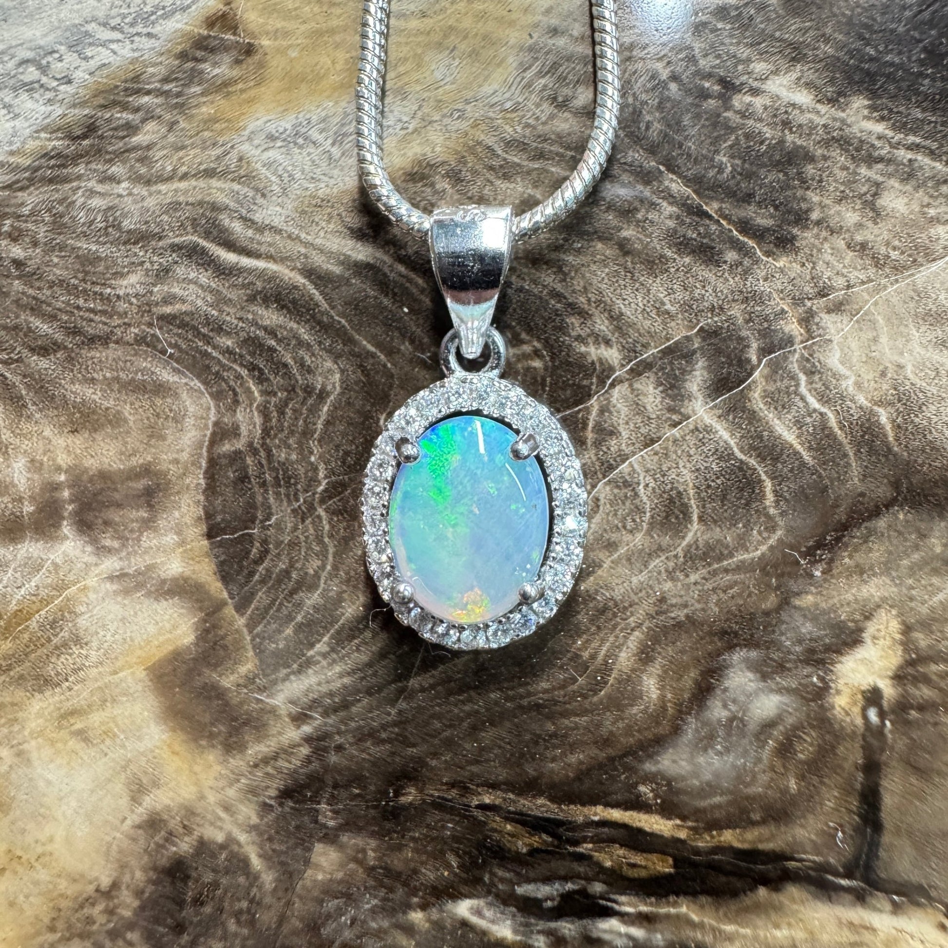 Blue Ridge Flame ~ 0.9ct Solid Lightning Ridge Opal and Cubic Zirconia 925 Sterling Silver Necklace