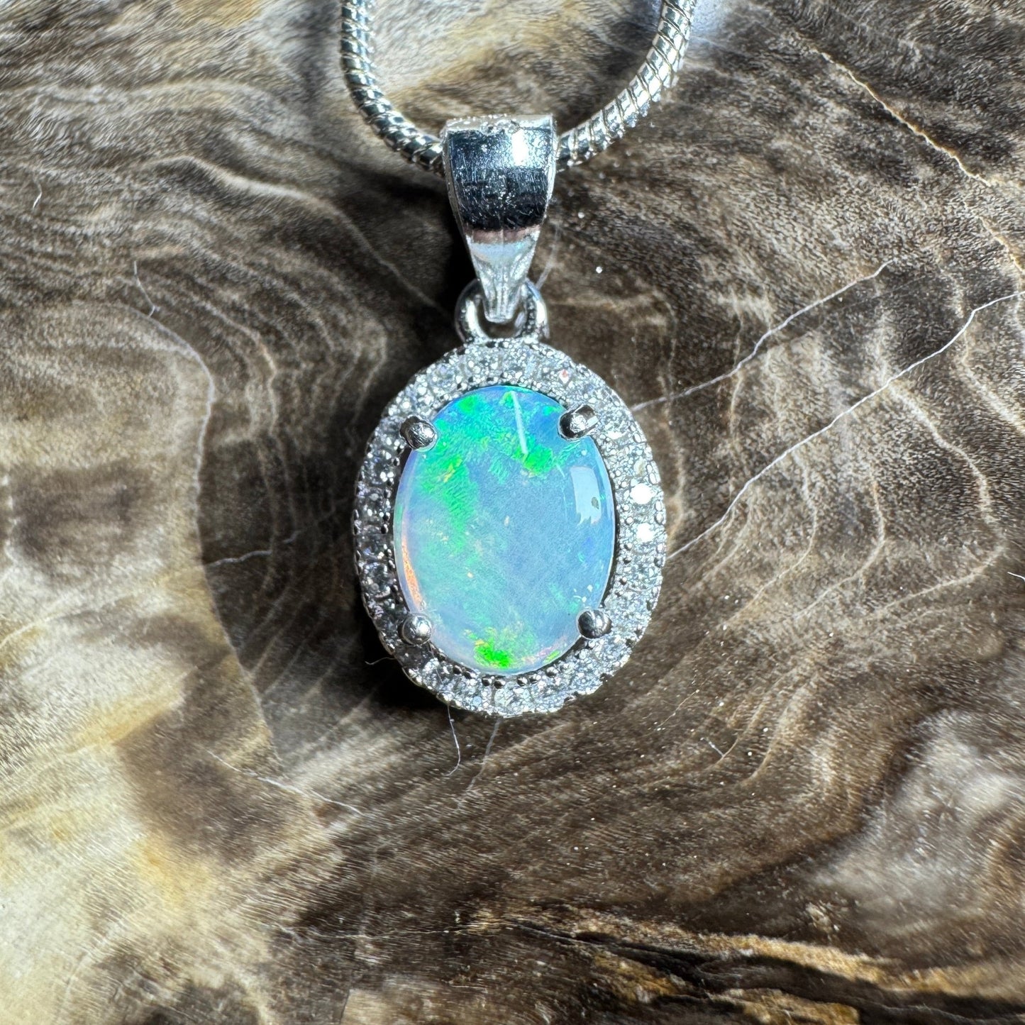 Blue Ridge Flame ~ 0.9ct Solid Lightning Ridge Opal and Cubic Zirconia 925 Sterling Silver Necklace