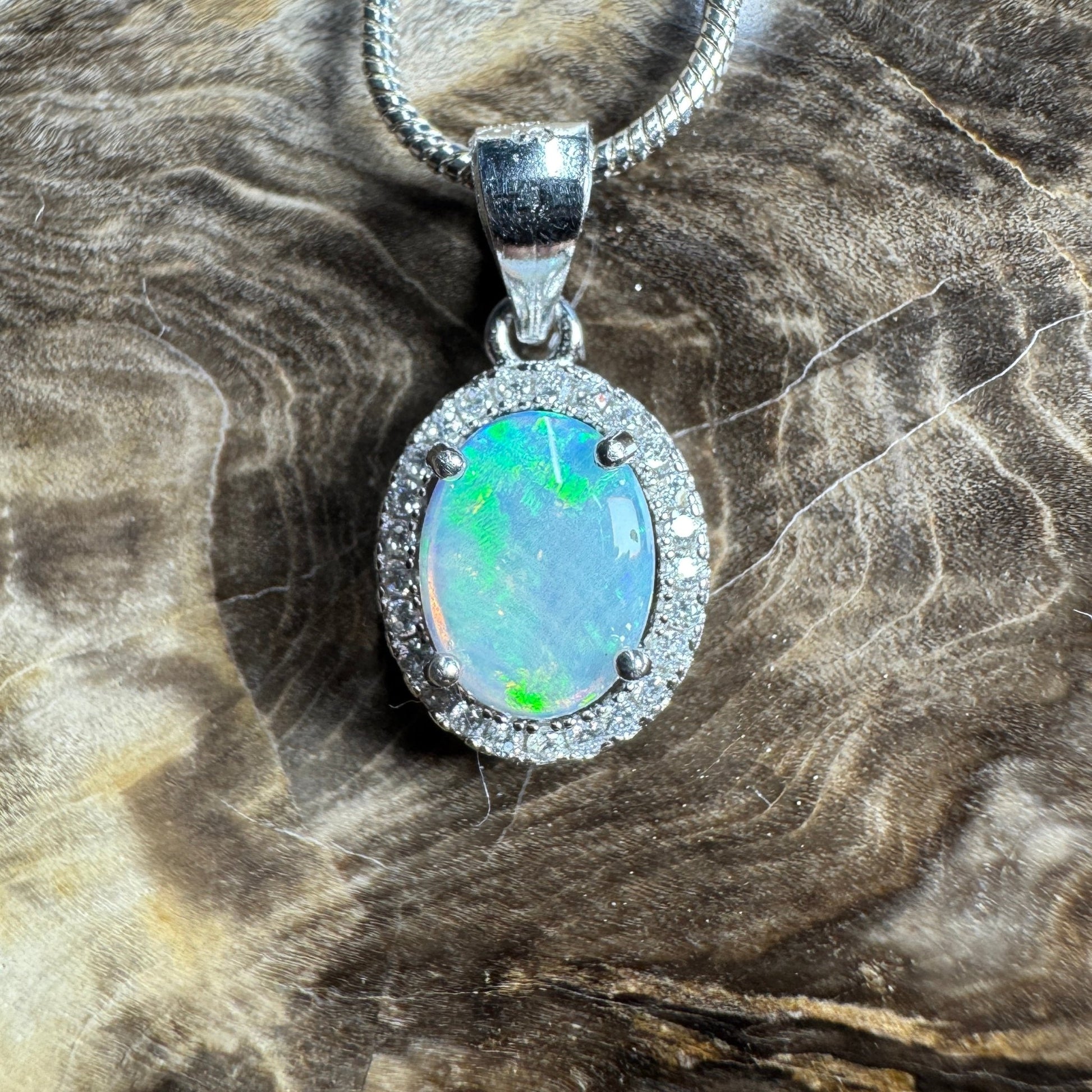 Blue Ridge Flame ~ 0.9ct Solid Lightning Ridge Opal and Cubic Zirconia 925 Sterling Silver Necklace