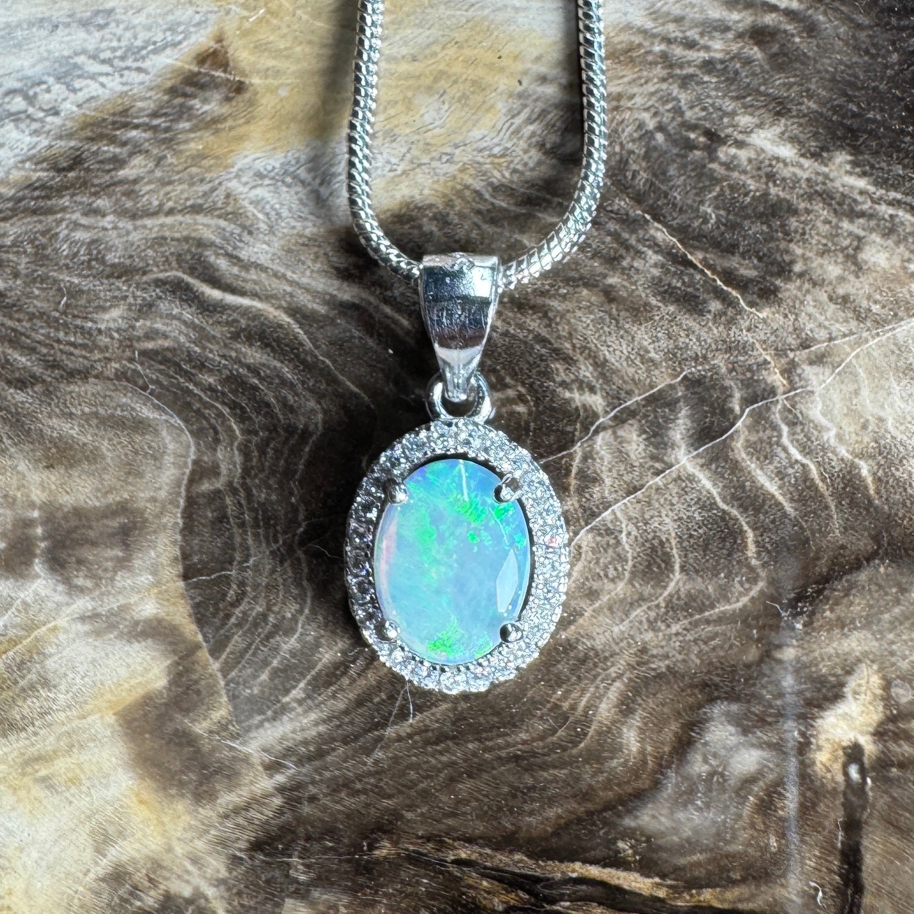 Blue Ridge Flame ~ 0.9ct Solid Lightning Ridge Opal and Cubic Zirconia 925 Sterling Silver Necklace