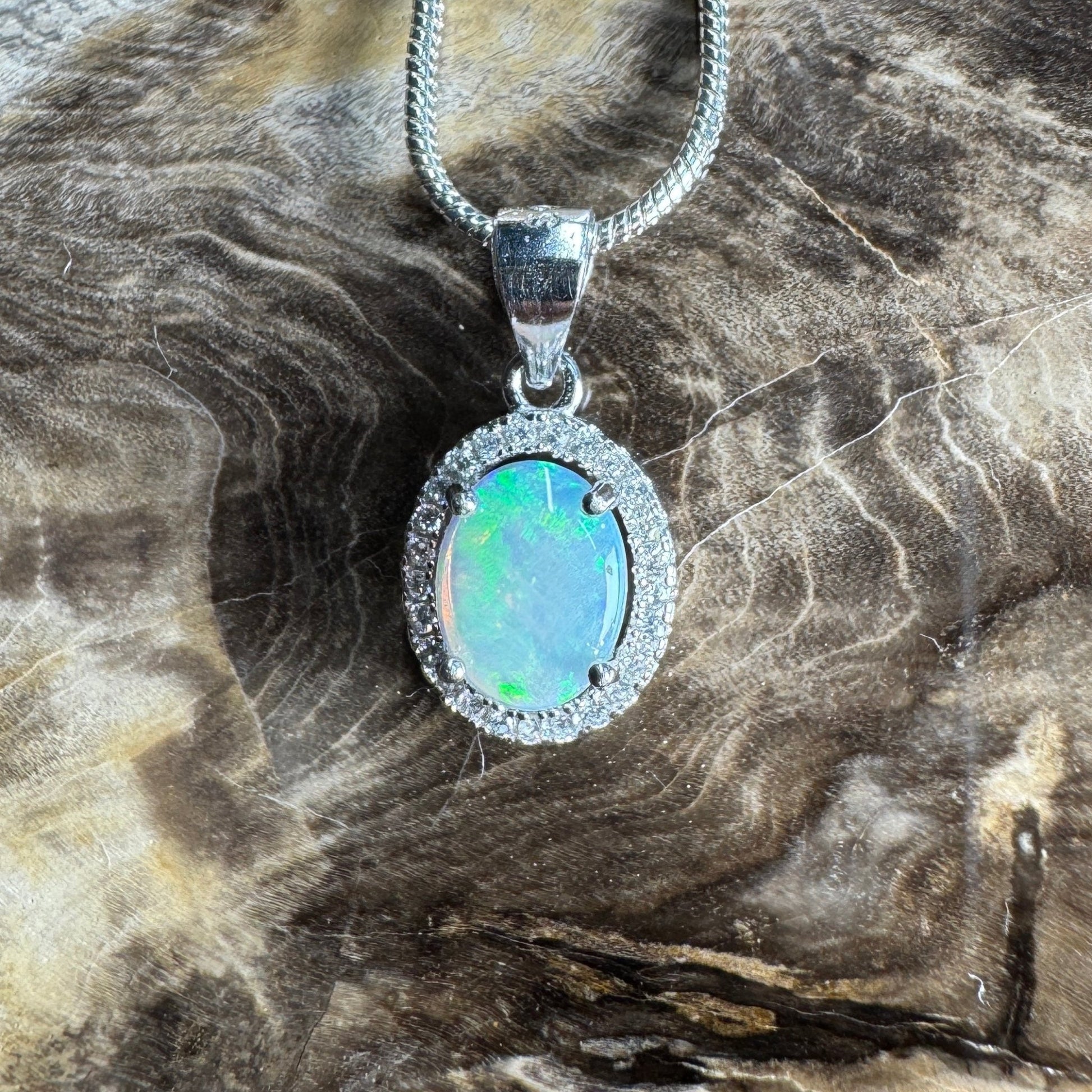 Blue Ridge Flame ~ 0.9ct Solid Lightning Ridge Opal and Cubic Zirconia 925 Sterling Silver Necklace