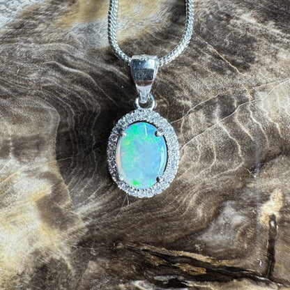 Blue Ridge Flame ~ 0.9ct Solid Lightning Ridge Opal and Cubic Zirconia 925 Sterling Silver Necklace